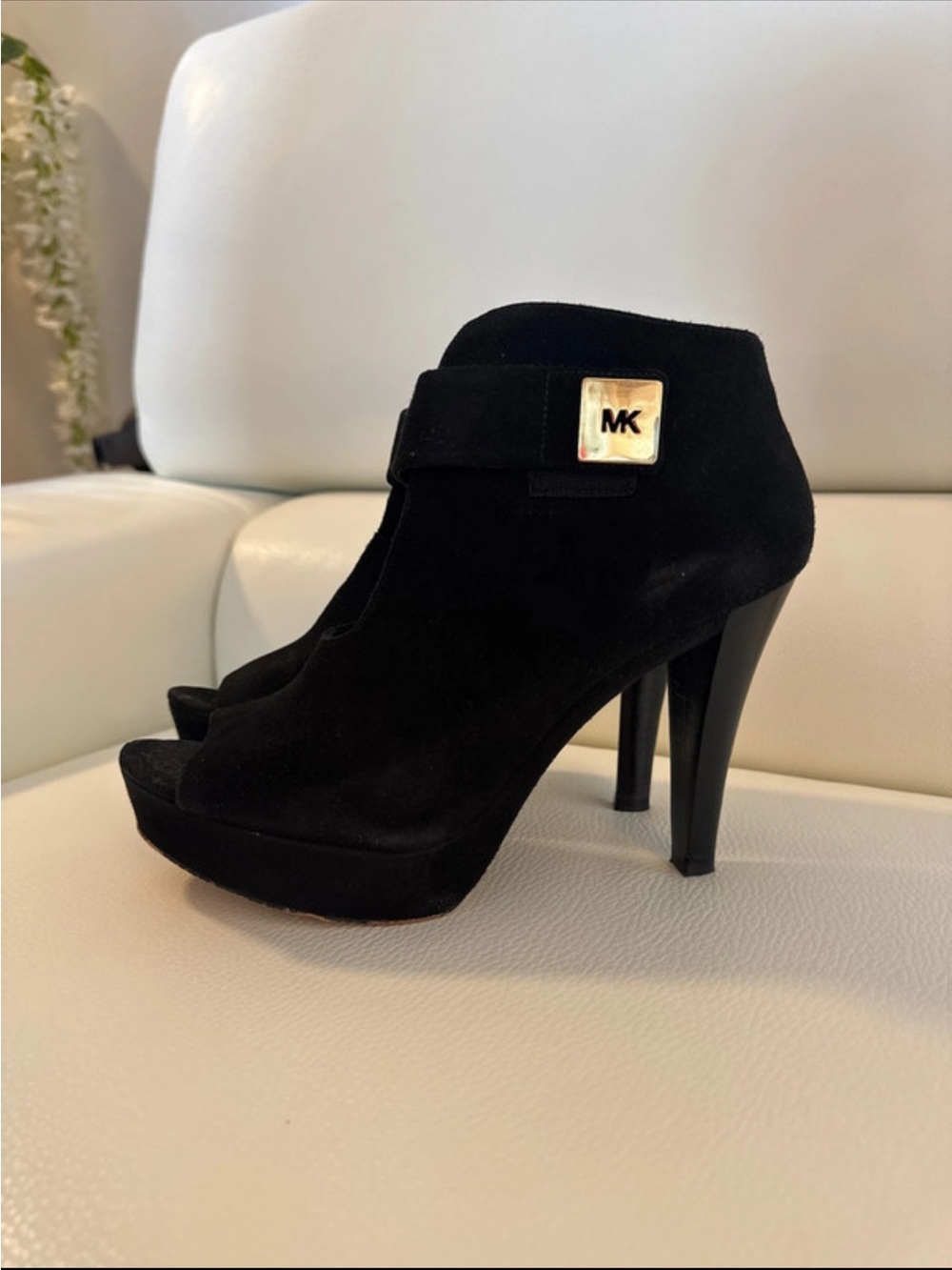 MICHAEL KORS BLACK SUEDE PEEP-TOR HIGH HEEL BOOTIES WITH GOLD MK ACCENT